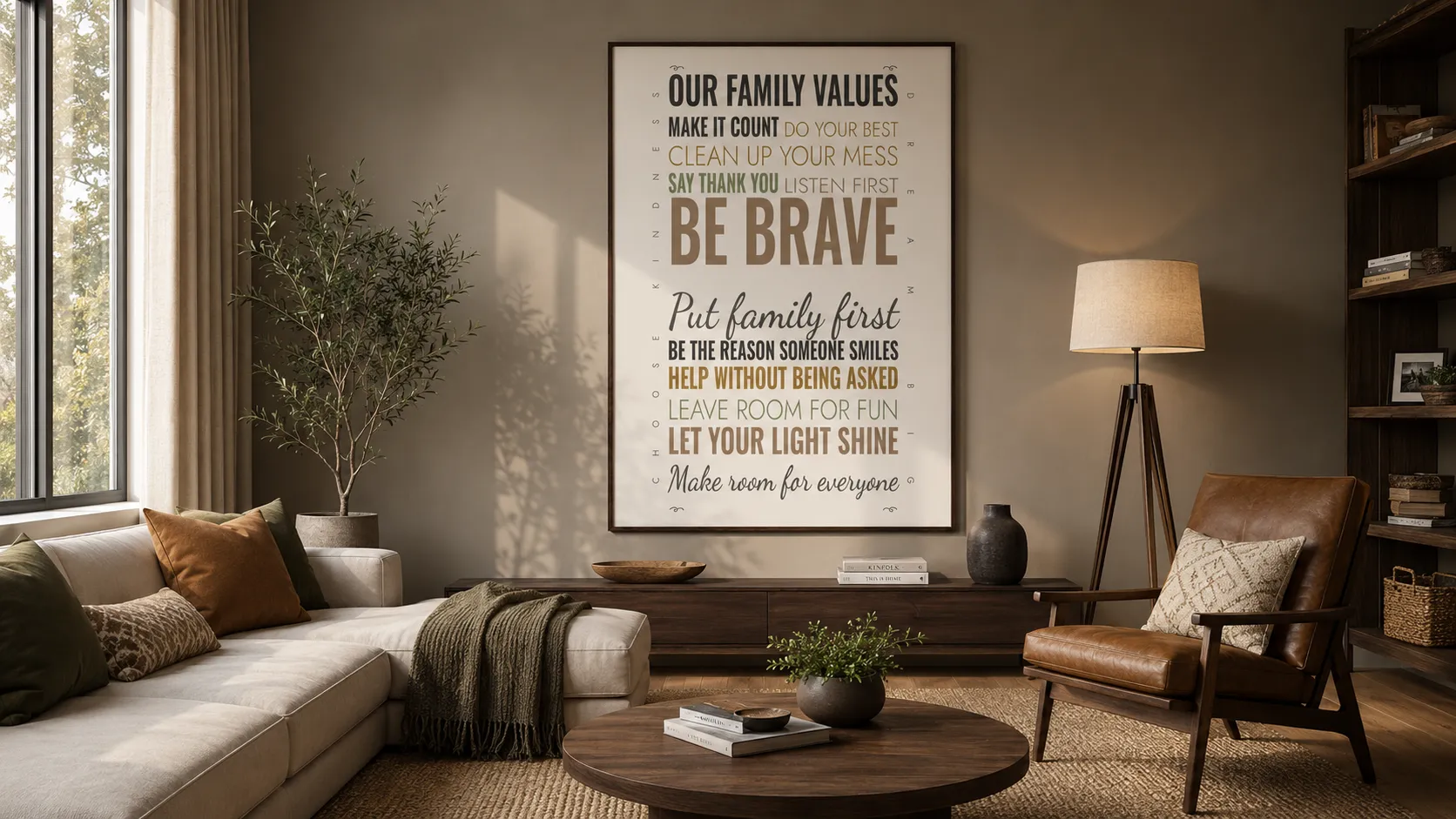 A framed family values poster above a sideboard in a warm living room with a leather armchair and an olive tree
